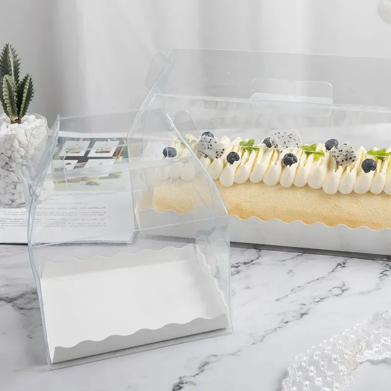 Transparent Cake Roll Packaging Box with Handle Eco-friendly Clear Plastic Cheese Cake Box Baking Swiss Roll Box