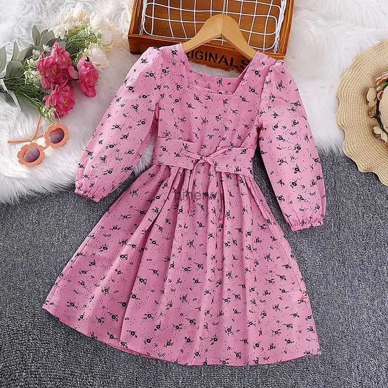 Girl's Dresses Autumn New Dress Kids Girls 4-7 Years Little Girl Pink Black Floral Square Collar Long-Sleeved Dress Casual Vacation Dress