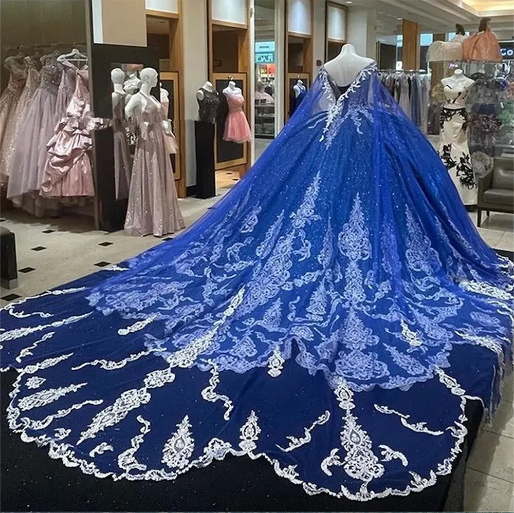 Royal Blue Glitter Court Train Quinceanera Dresses Ball Gown Formella prom -examen klänningar med Cape Princess Sweet 15 16 klänning S