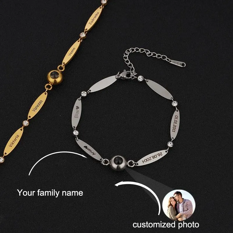 Bracelets Custom Photo Projection Bracelet with Silver/Gold Color Personalized Engraved Family Name Stainless Steel Bracelet for Women