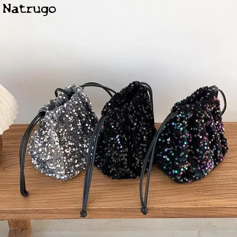 Sequin Bucket Crossbody Bag Women Chain Phone Satchels Girls Decor Hangbag Luxury Designer Small Shoulder 240118