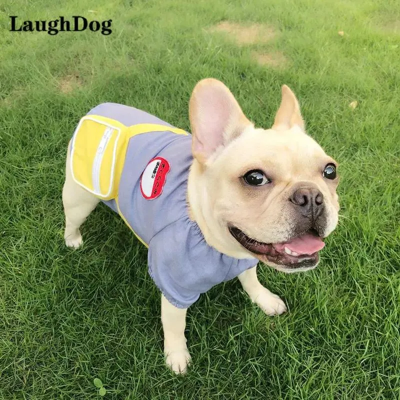 Vestuário estilo japonês roupas para cães de estimação bonito tshirt com mochila camisa de linho de algodão para cães pequenos roupas bulldog francês uniforme escolar