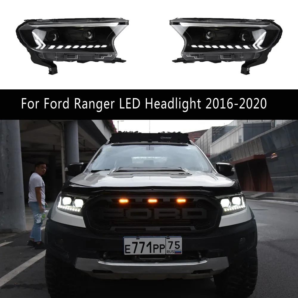 Car Accessories Front Lamp For Ford Ranger LED Headlight 16-20 Dynamic Streamer Turn Signal Indicator High Beam Angel Eyes Projector Lens