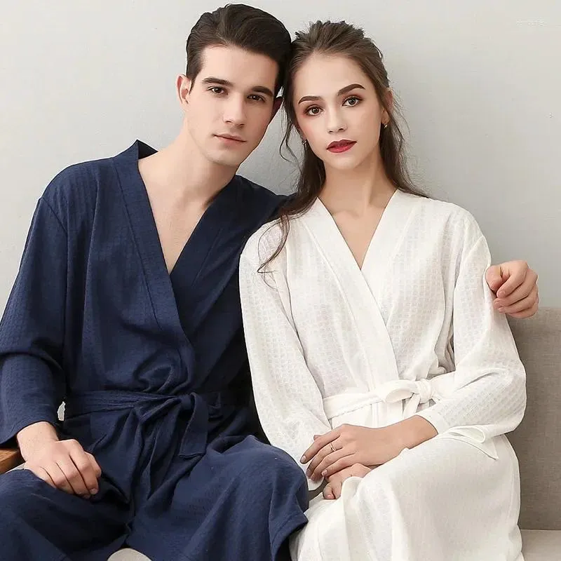 Damen-Nachtwäsche für Frühling und Sommer, Liebhaber-Bademantel, dünne Waffel-Robe, lange sexy Kimono-Nachtwäsche mit V-Ausschnitt für Männer, leichte Lounge-Hauskleidung