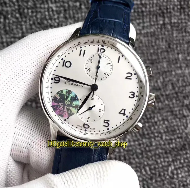 AJF Portugieser 371446 ETA A7750 Automatyczne chronograf Carl F Bucherer zegarki z aktualizacją V4, białą tarczą, stalową obudowę 316L i skórzaną str.