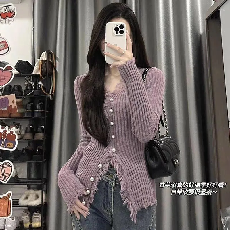 Kvinnors stickor Purple Women Sweater Cardigans Autumn Tassel Sticked Korean Slim Long Sleeve Elegance Casual Sweet Y2K Top Solid V-ring