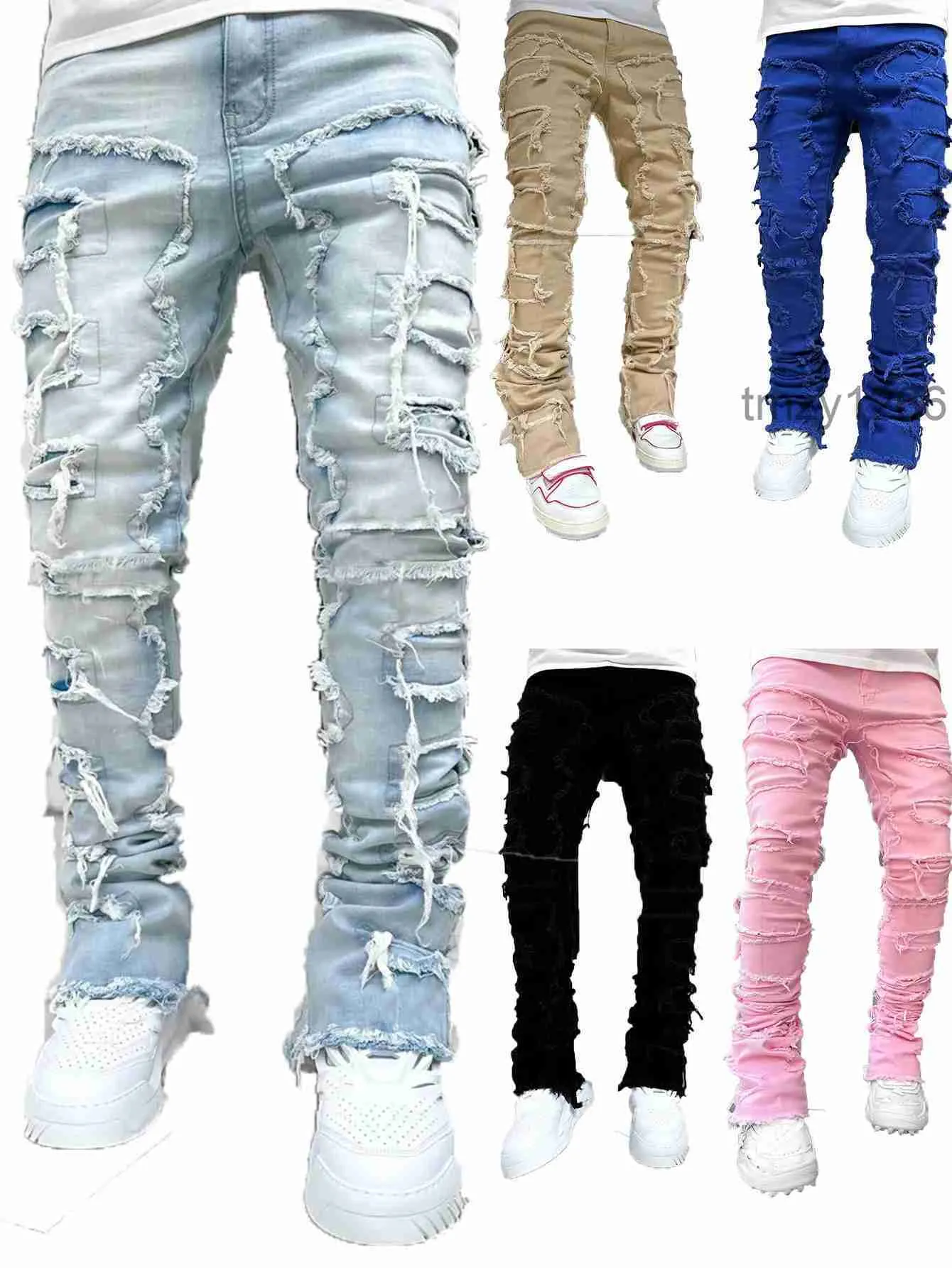 Stack Jeans Pantalon en denim droit détruit violet pour homme, coupe régulière, patch empilé, vêtements streetwear, Thekhoi-12 Cxg92526 SLMS