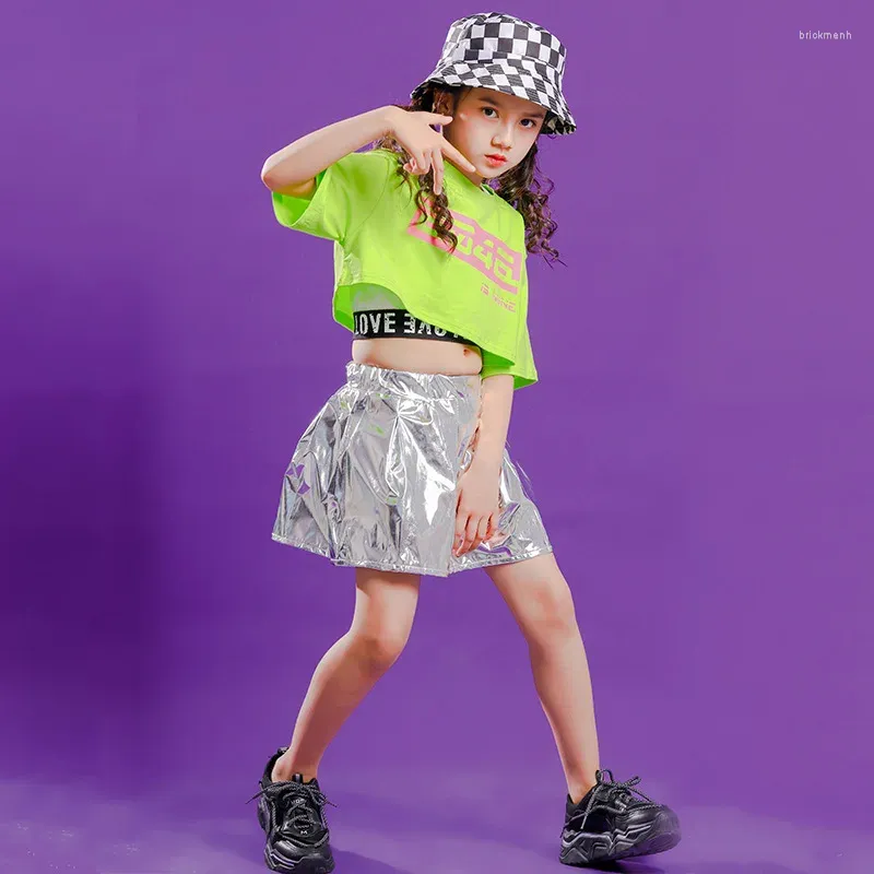 Abbigliamento da palco con paillettes per bambini, gonna hip-hop, abiti da ballo, abiti da ballo di strada, costumi da ballo per ragazze, magliette da ballo jazz