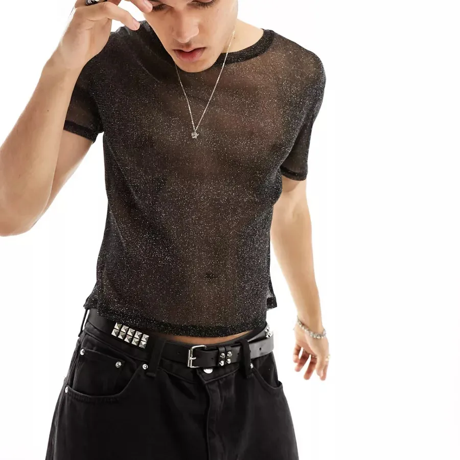 Men's T Shirts Sexy Transparent Lace Mesh T Shirts Men Party Fashion Breathable See Through T-shirt Spring Summer Chic Mens Tee Tops Streetwear