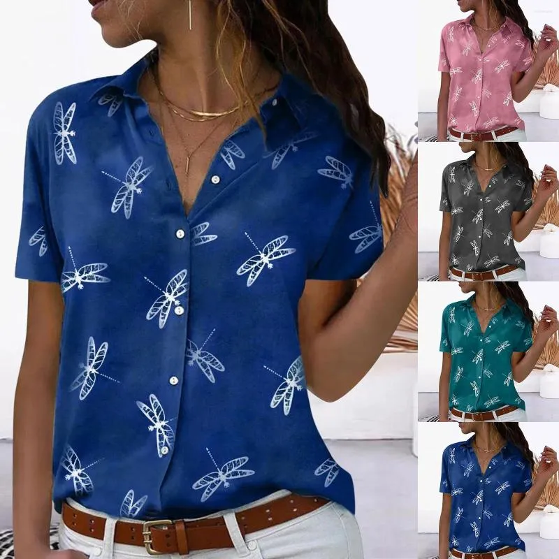 Women's Blouses Dragonfly Print Short Sleeve Tops For Women Dressy Casual Ladies Elegant High Quality Button Down Shirts Blusas Holiday