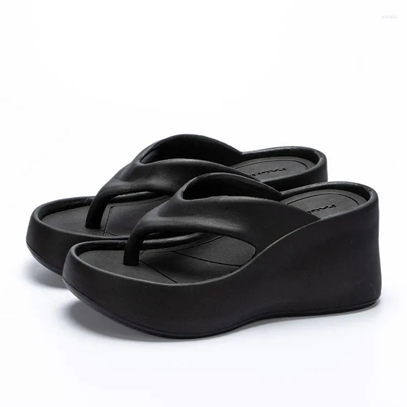 Chinelos designer preto tanga flip flops mulheres chunky verão praia cunhas sandálias grossas sola ortopédica clipe toe slides sapatos