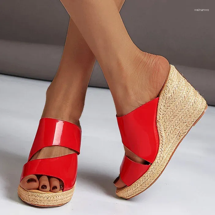 Sandaler Lihuamao Patent Leather Peep Toe Wedges Slipper Women High Heel Shoes Platform Espadrilles Mules