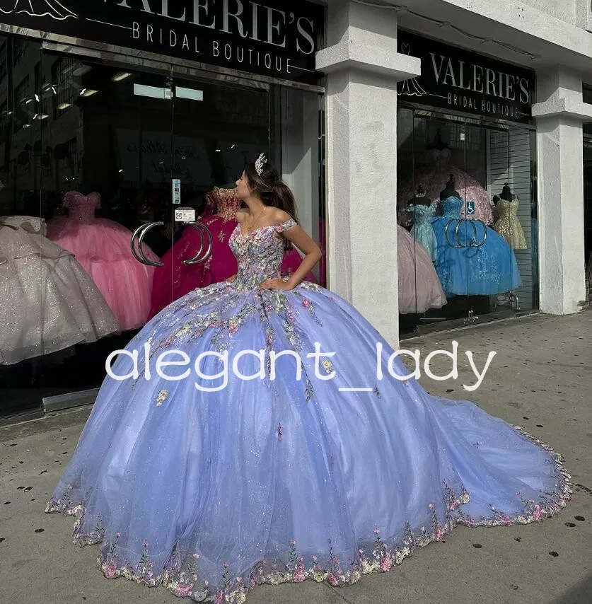Leylak lavanta prenses quinceanera omuz kapalı 2024 lüks 3D çiçek aplike ışıltılı vestidos de 15 anos tatlı 16