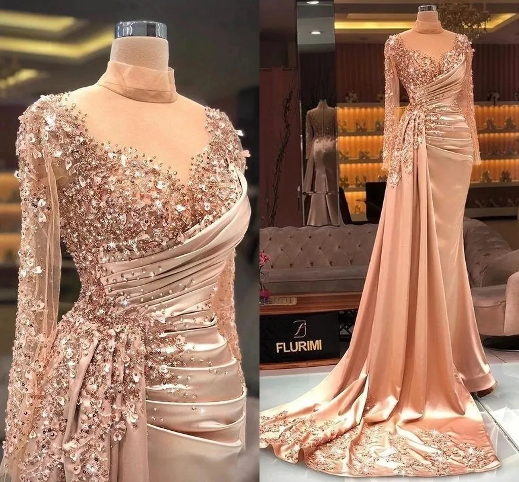 Blush Pink Women Sukienka na bal maturę 2024 Sheer szyi z koralikami cekiny z długim rękawem Arabski Aso Ebi Ebi Evi Even Party Gala Suknie urodzinowe szata de soiree spersonalizowane