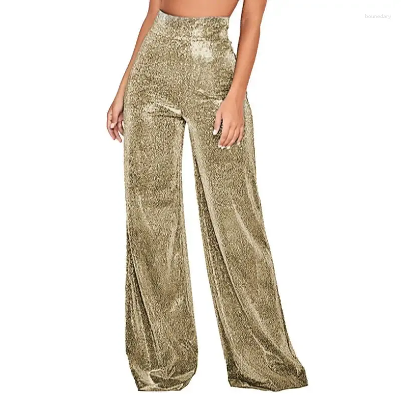 Pantalon actif taille haute scintillant brillant paillettes jambe large pantalon décontracté doux évasé élastique pantalon de salon Long ample