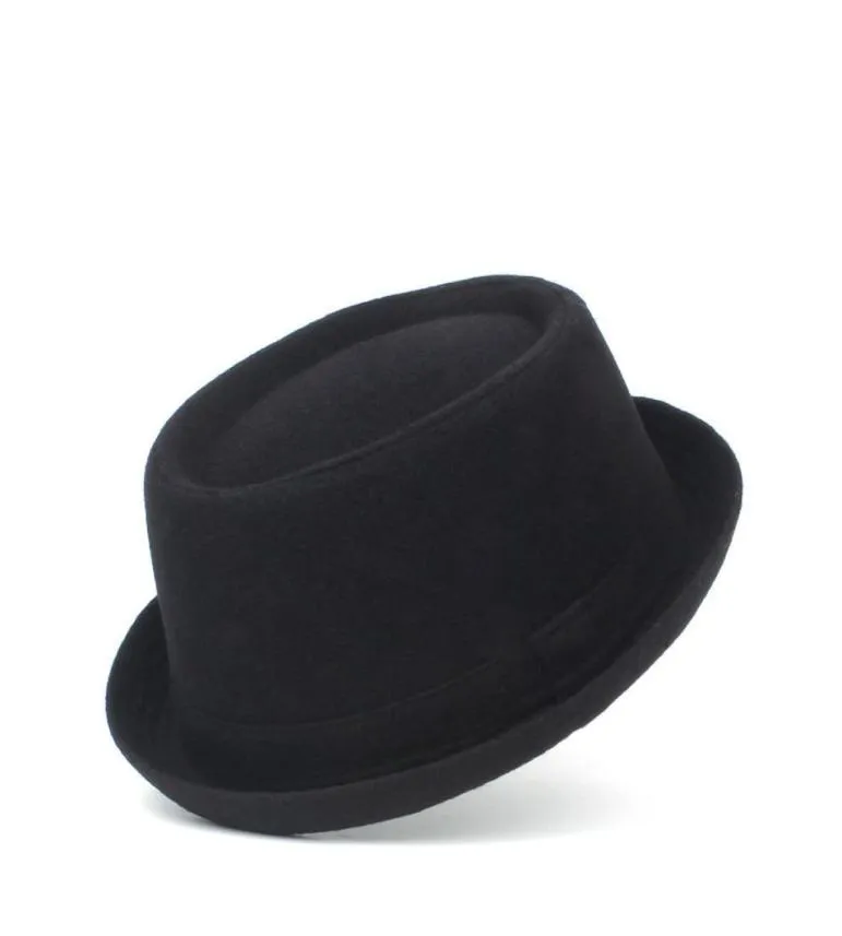 100 Wool Men Pork Pie Hat dla taty Winter Black Fedora Hat for Gentleman Flat Bowler Porkpie Top Hat Size S M L XL Y190705039029877