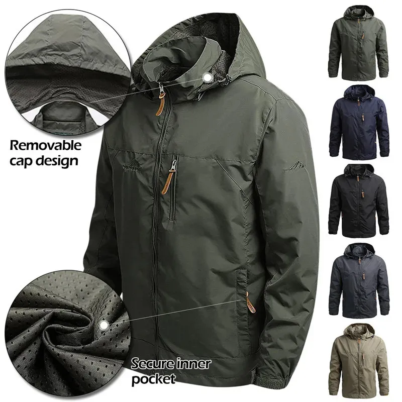 Blusão masculino jaqueta tática impermeável ao ar livre casaco com capuz esportes militar europeu tamanho s3xl campo escalada fino outwear 240124