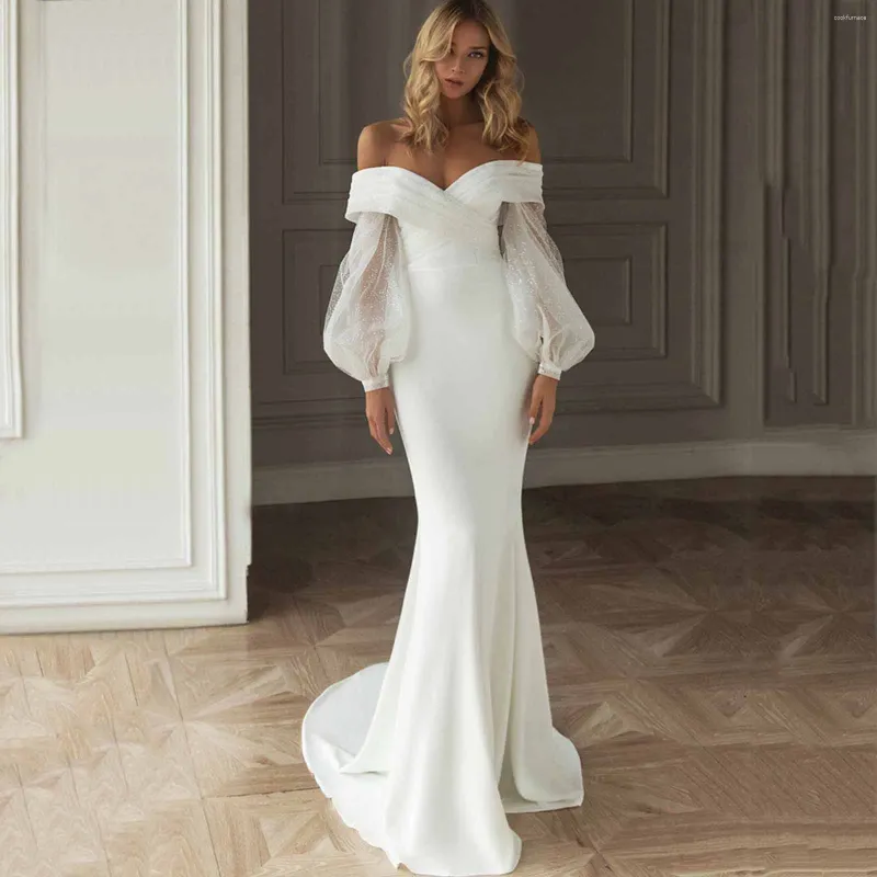 Feestjurken Elegante sexy witte bruiloft maxi-jurk off-shoulder pofmouwen satijn fishtail bruid ballenjurk vloer