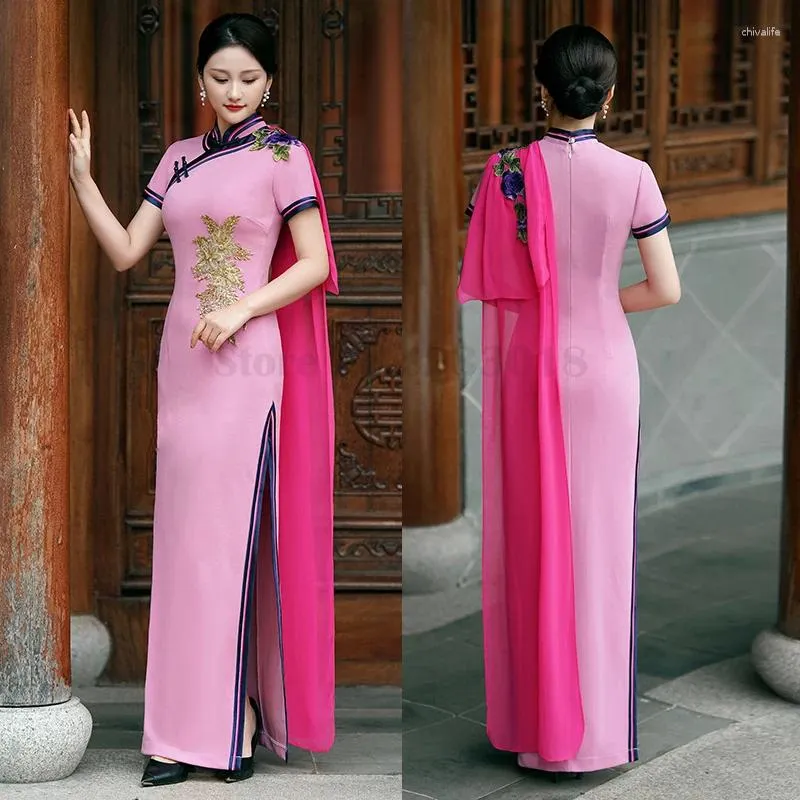 Abbigliamento etnico Moda Nappa Lungo Cheongsam Sexy Aderente aderente Colletto alla coreana Abiti Elegante temperamento Abito in raso Tradizionale Qipao