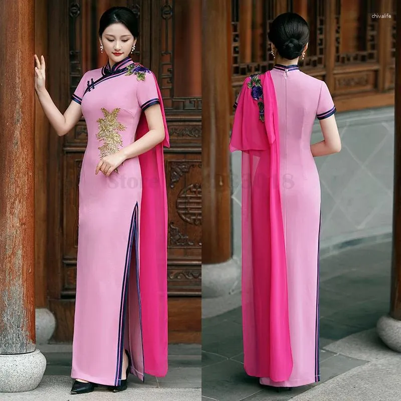 Etnische kleding mode kwastje lange cheongsam sexy slanke montage mandarijn kraag vestidos elegante temperament satijnen jurk traditionele qipao