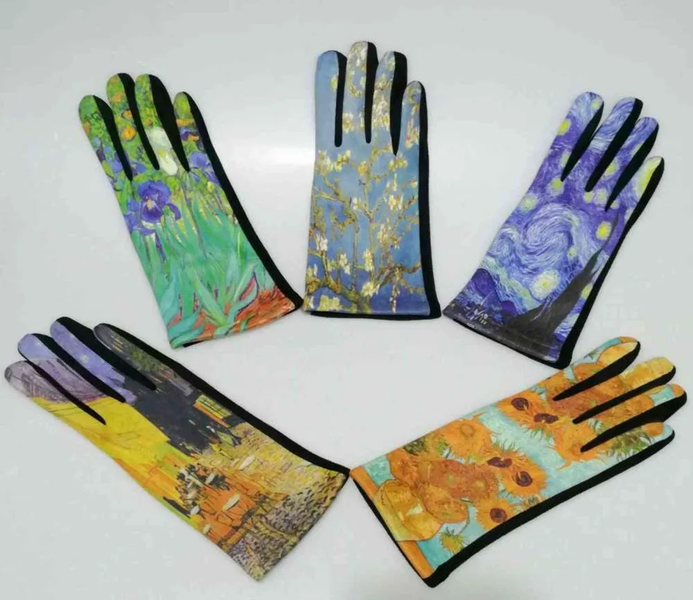 Van Gogh Ölgemälde Handschuhe Frauen Digital Print Party Fäustlinge Luxus Marke Stickerei Touch Sn Handschuh Femme Radfahren Guantes2945133