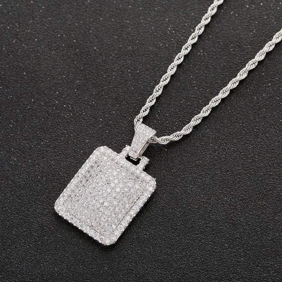 Collier avec pendentif en forme d'étiquette de chien glacé pour hommes, avec chaîne en corde, breloques en Zircon cubique, bijoux Hip Hop 289q