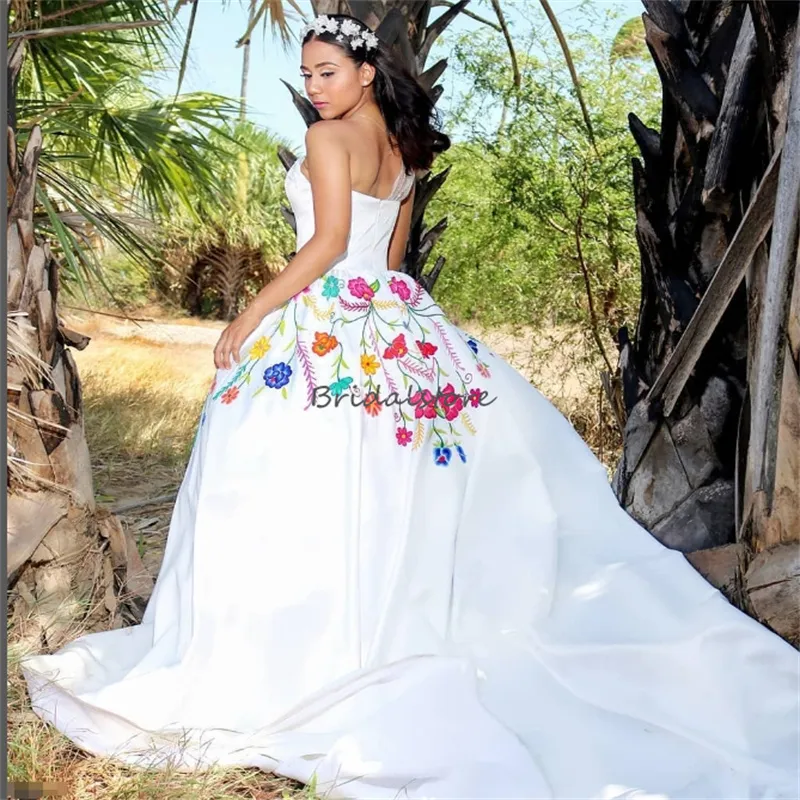 Vestido de noiva bordado mexicano colorido sexy um ombro uma linha celta gatsby vestido de noiva tule branco country noiva boêmio robe de mariee decote em v vestidos fiesta