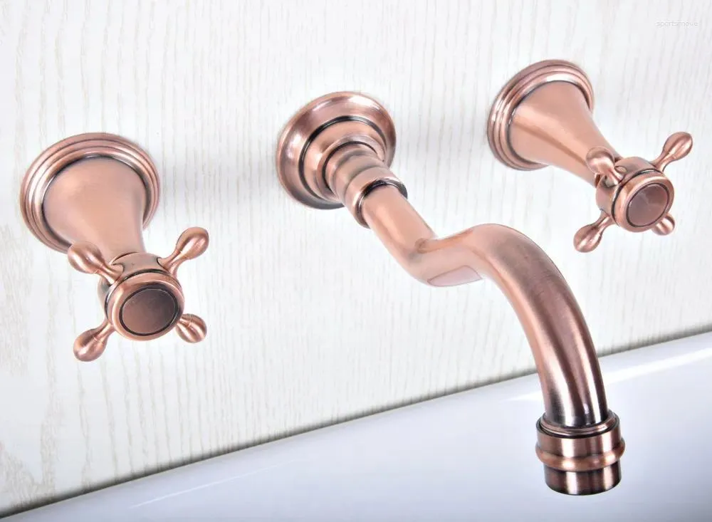 Waschbecken Wasserhähne Antiquitäten Red Copper Messing weit verbreitete Wandmontage 3 Löcher Dual Cross Griffe Wasserhahnmixer TAP ASF505