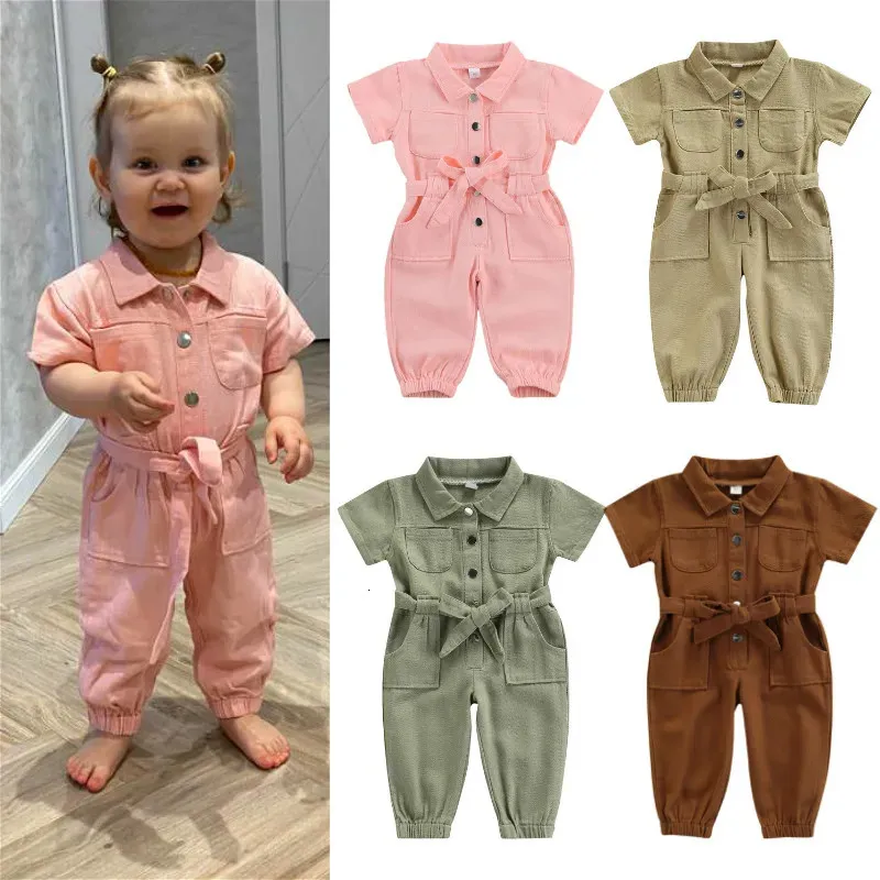 0-6 Bebek Kızlar Denim Tulum Tulumları Çocuk Giysileri Toddler Kısa Kollu Yakel Cep Uzun Pantolon Romper Çocuk Kıyafet 240122