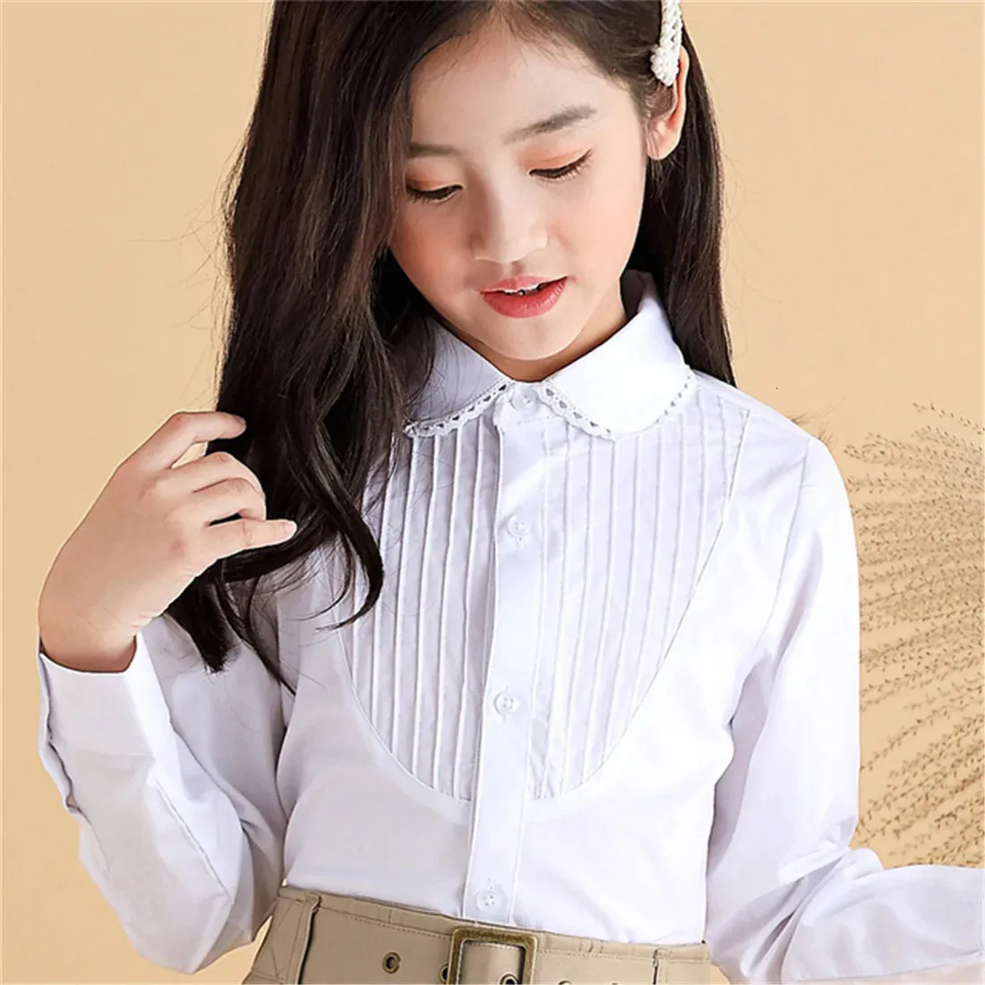 Kids Girls White Shirts for Students Uniform Long Sleeve Cotton Blouse Teenagers School Child Clothes 8 10 12 14 Years Vestidos 240123