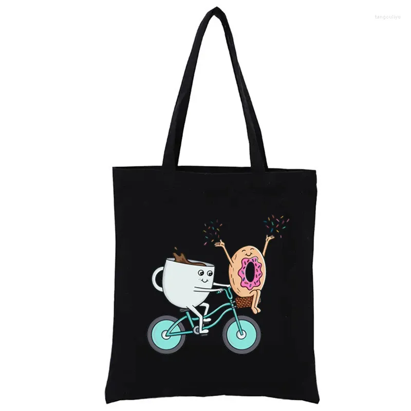 Shoppingväskor kaffe munk och cykel grafik tryck väska rolig tote kvinnors handväskor casual totes shopper tootebag mode eco