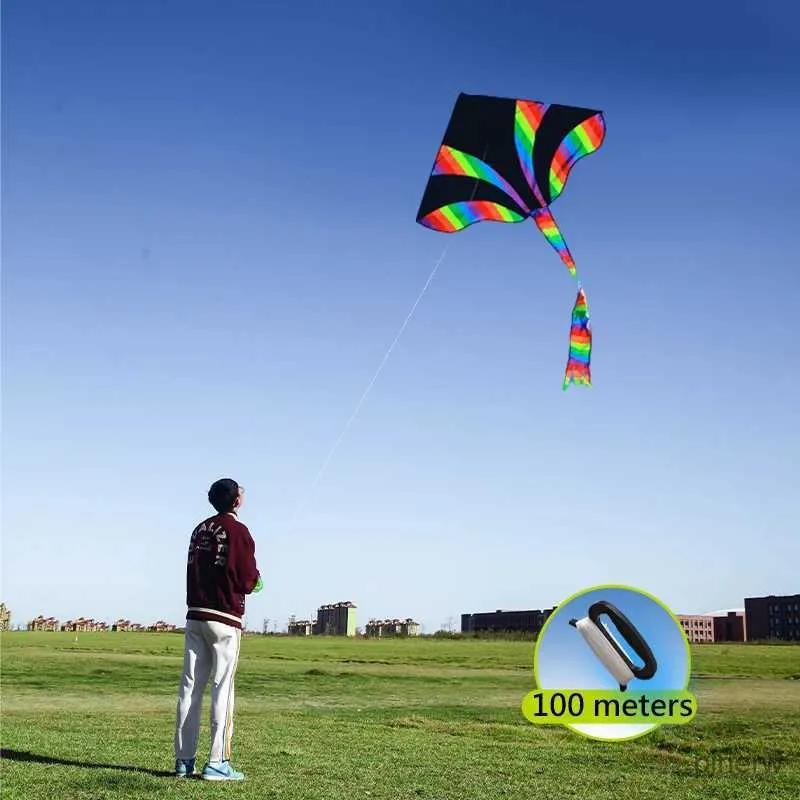 Acessórios para pipa YongJian Rainbow Kite Poliéster Kite Arco-íris colorido Fácil de voar Delta Kite Atividades de jogos ao ar livre com corda de pipa de 100m