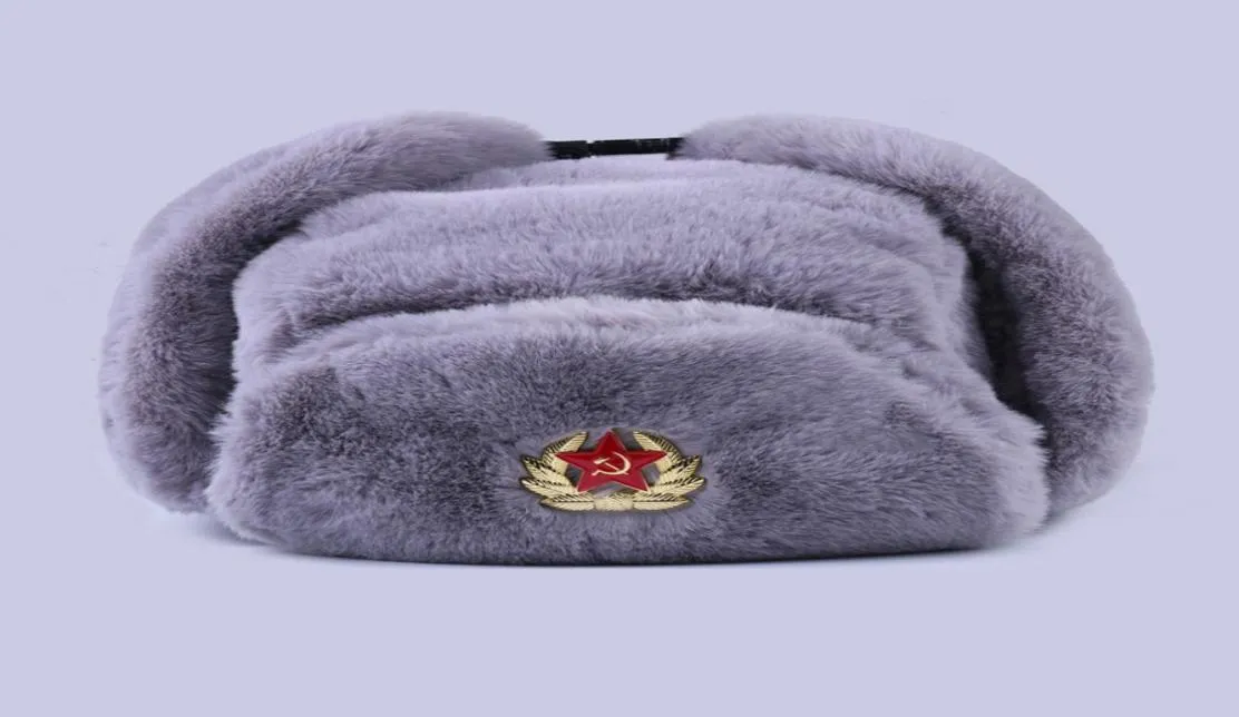 Soviet Badge Ushanka Russian Men Women Winter Hats Faux Rabbit Fur Army Military Bomber Hat Cossack Trapper Earflap Snow Ski Cap 26200966