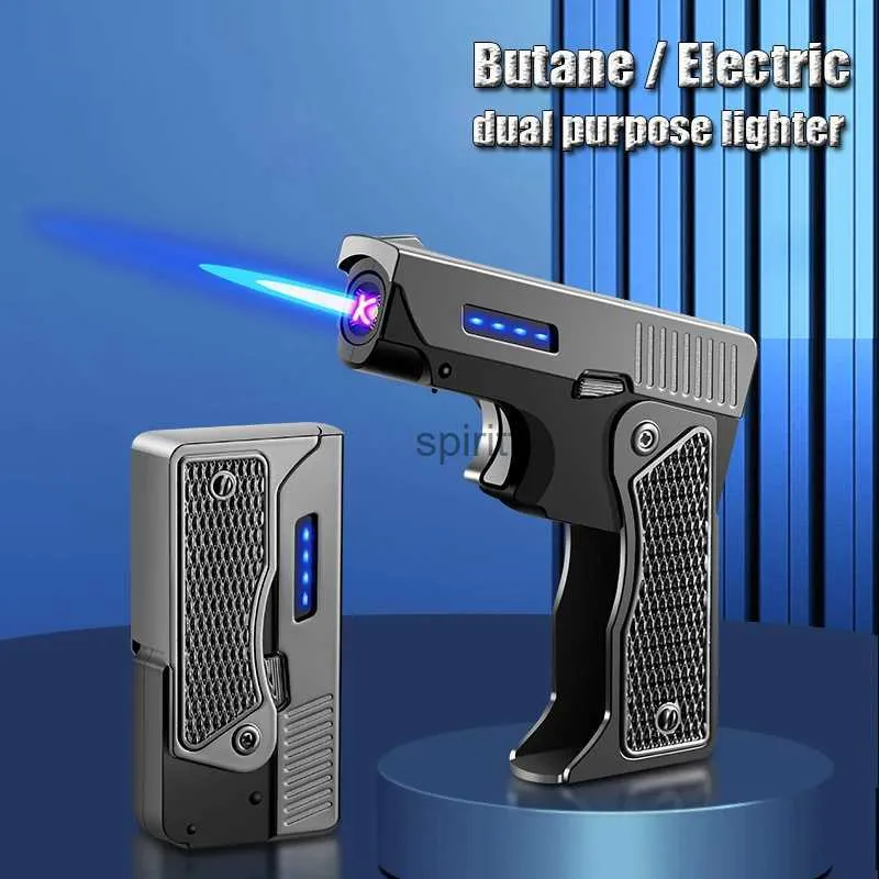 Lighters New Windproof Gas-Electric Plasma Type C USB Rechargable Lighter Gift Men Folding Gun Butane Torch Turbo Jet Flame Cigar Lighter YQ240124