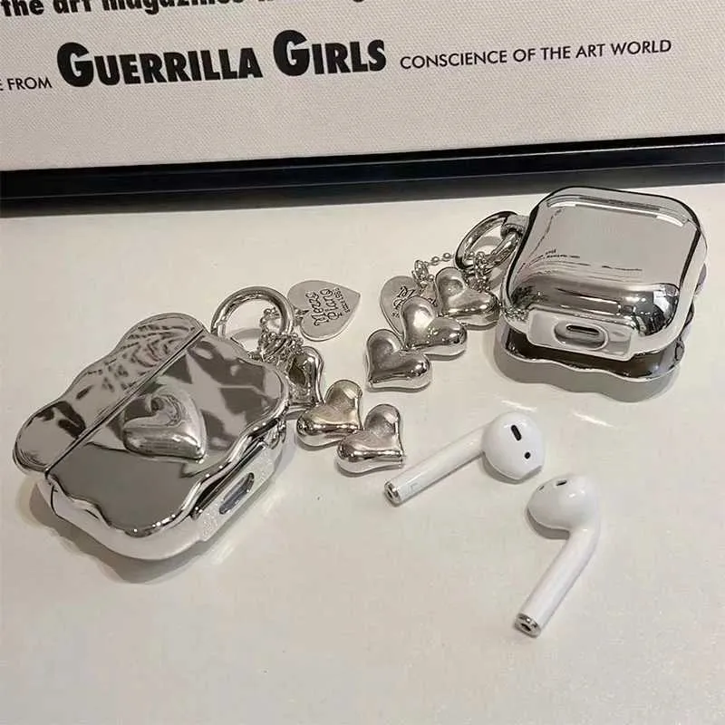 Mobiele telefoon hoesjes Luxe gegalvaniseerde zilveren hart oortelefoondoos voor Apple Airpods Pro 2 Case voor AirPods 1 2 3 Cover Eenvoudige liefde sleutelhanger