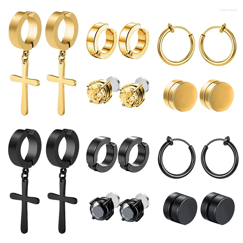 Boucles d'oreilles à tige en acier inoxydable, 10 paires, Punk, Non percé, croix, cerceau magnétique unisexe, Clip CZ, ensemble de boucles d'oreilles magnétiques