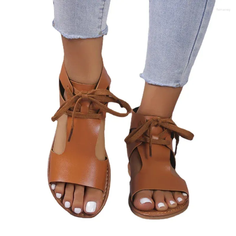 Sandals Lady Shoes للبيع المصارع الصيفي الروماني غير الرسمي المفتوح Lace Up في الهواء الطلق صندل مسطح للنساء Zapatos Mujer