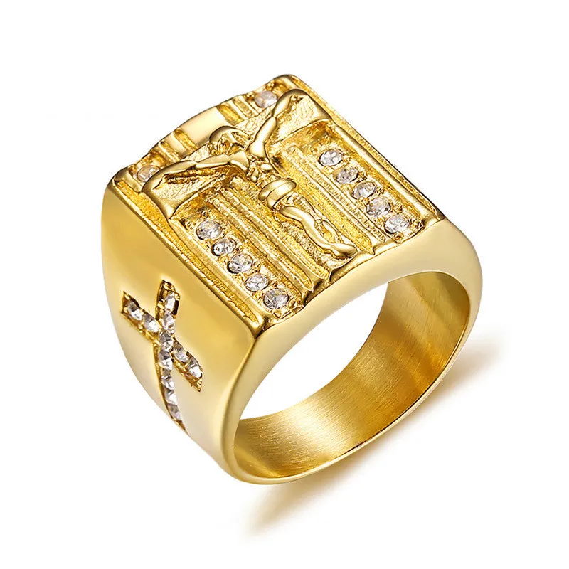 14K Gold Plated Ring　11号 Cross Mens 14k Yellow Gold Jesus Cross Ring - Micro Pave CZ
