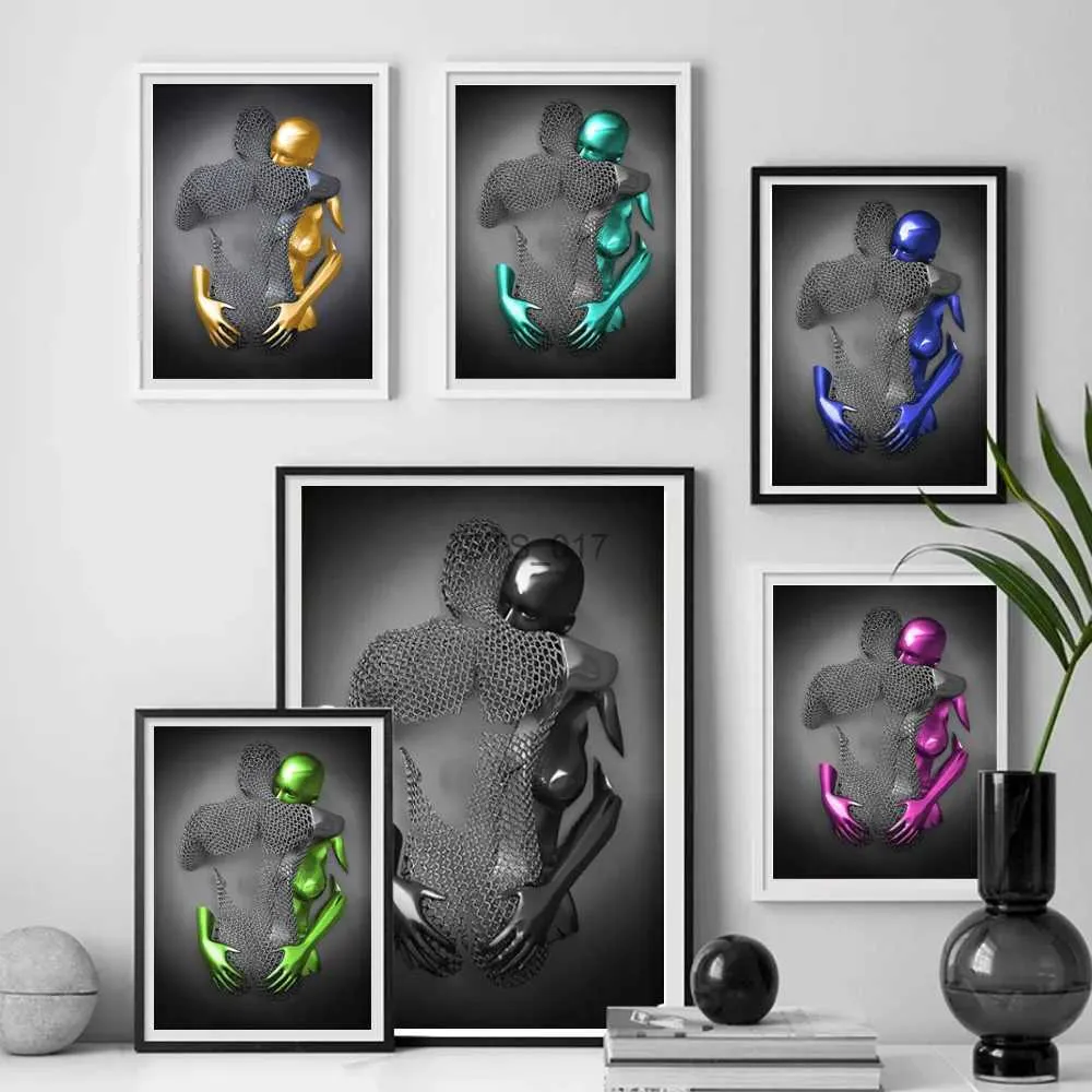 Paintings Metal Figure Statue Art Canvas Painting Posters and Prints Modern Lovers Sculpture Wall Pictures for Living Room Home Decoration