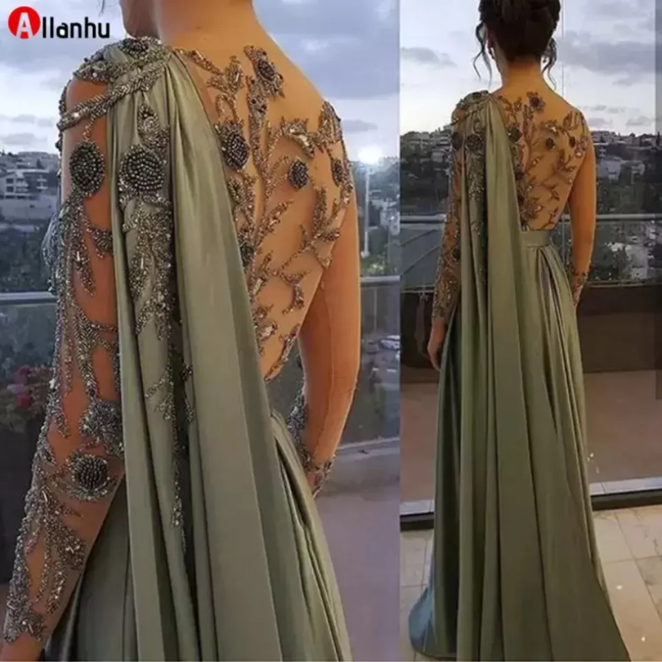 Arabisch Een Schouder Olijfgroen Moslim Avondjurk met Cape Lange Mouwen Dubai Vrouwen Prom Party Jurken Elegant Plus Size BC15308