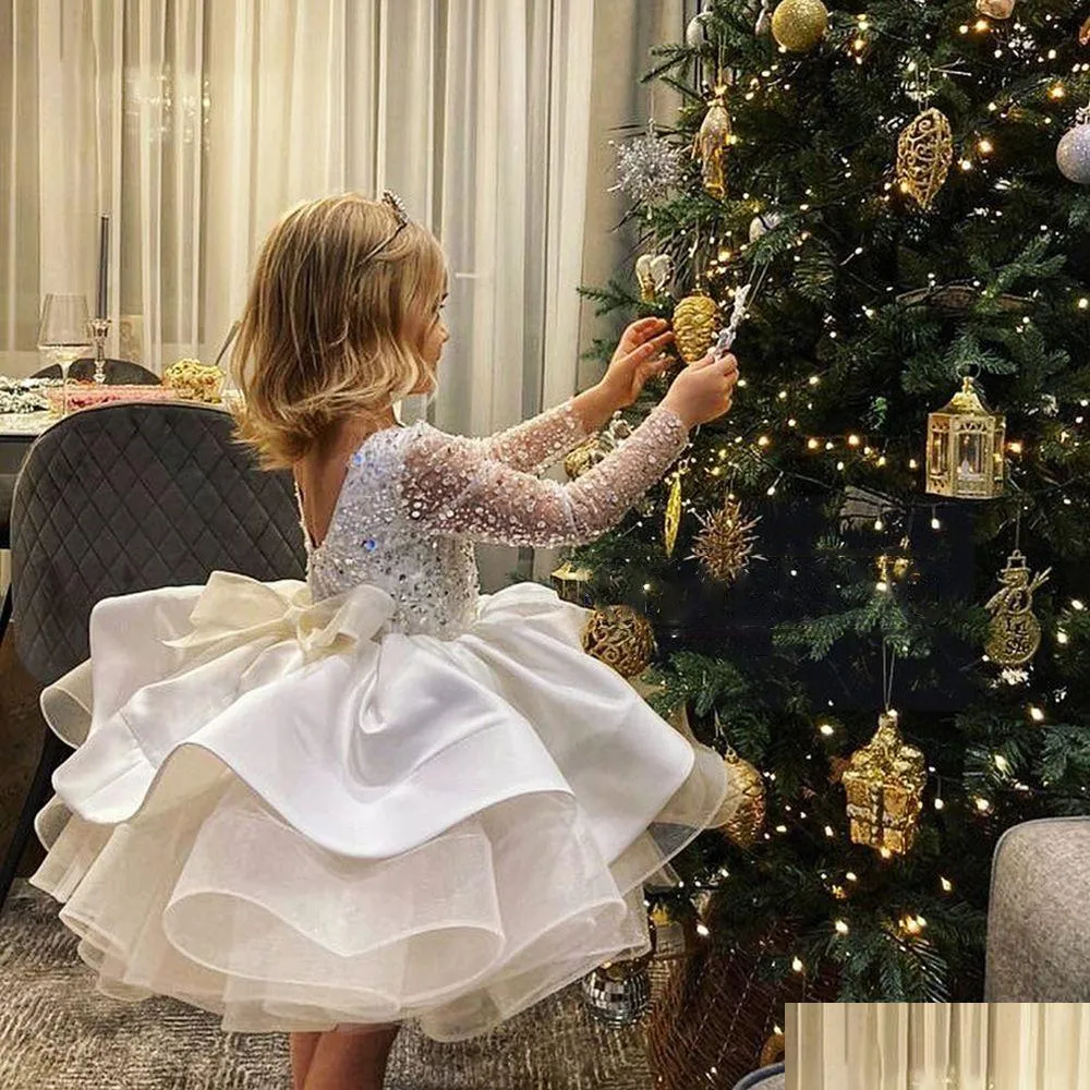 Auf Lager Blumenmädchenkleider Mädchen Formale Langarm Spitze Pailletten Hochzeit Prinzessin Kleid Host Geburtstag Abend Bogen Kinder Für Bridesm Dhtvf