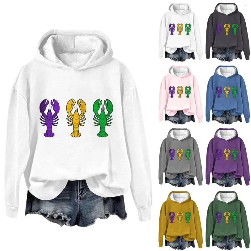 Kvinnors hoodies karneval tre crawfish tryck hoodie crew nack skjorta tröjor tröja