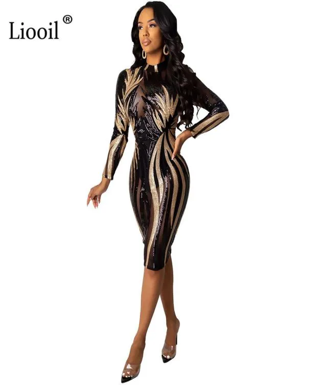 ブラックアンドゴールドスパンコールドレスメッシュボディコンミディセクシーなクラブ衣装2020長袖タイトドレススルースルータイトドレス女性パーティーナイトLJ2008499186