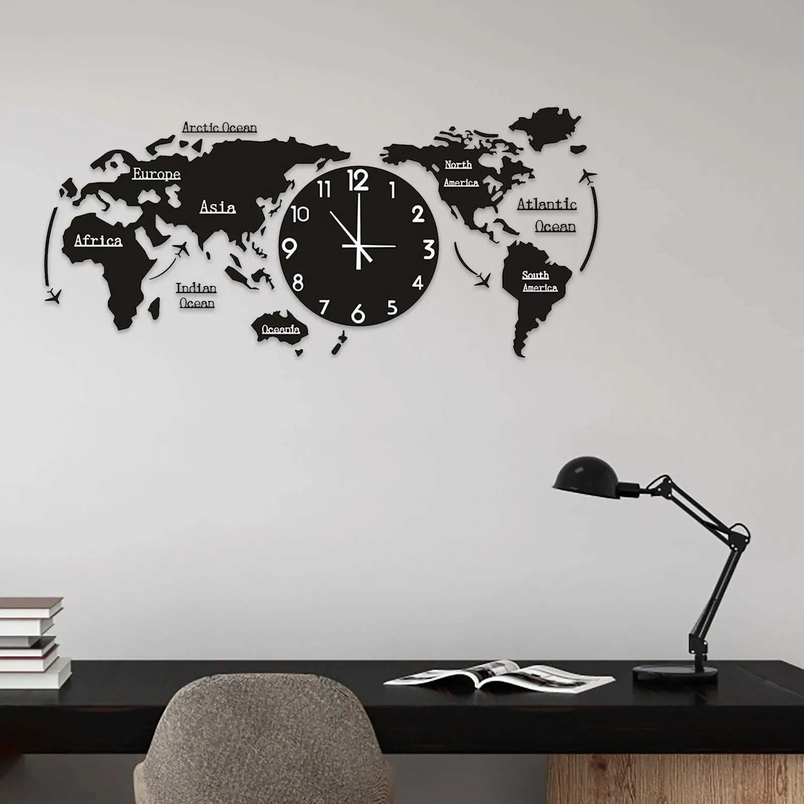 Wall Clocks World Map Wall Clock Home Bedroom Wall Personality Wall Clock Quartz Watch Mute Modern Self Adhesive Design Horloge Art G2