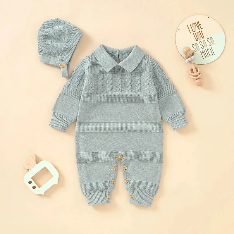 Katoenen baby rompertjes Gebreid geboren meisje Jongen Jumpsuit Outfits Lange mouw Herfst Baby Kid Kleding Hoed 2PC Onesies 0-18M Speelpakje 240119