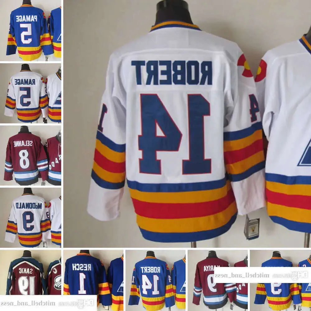 Film 1972-1999 Retro CCM Hockey Jersey Hafdery 9 Lanny McDonald 14 Rene Robert 19 Joe Sakic 5 Rob Ramage 8 Teemu Selanne 1 Chico Resc Hig