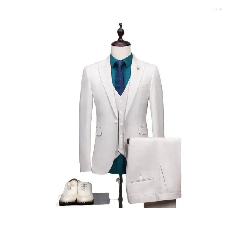 Ternos masculinos conjunto de três conjuntos de bonito bege branco casual negócios vestido de casamento personalizado versão coreana magro-ajuste anfitrião