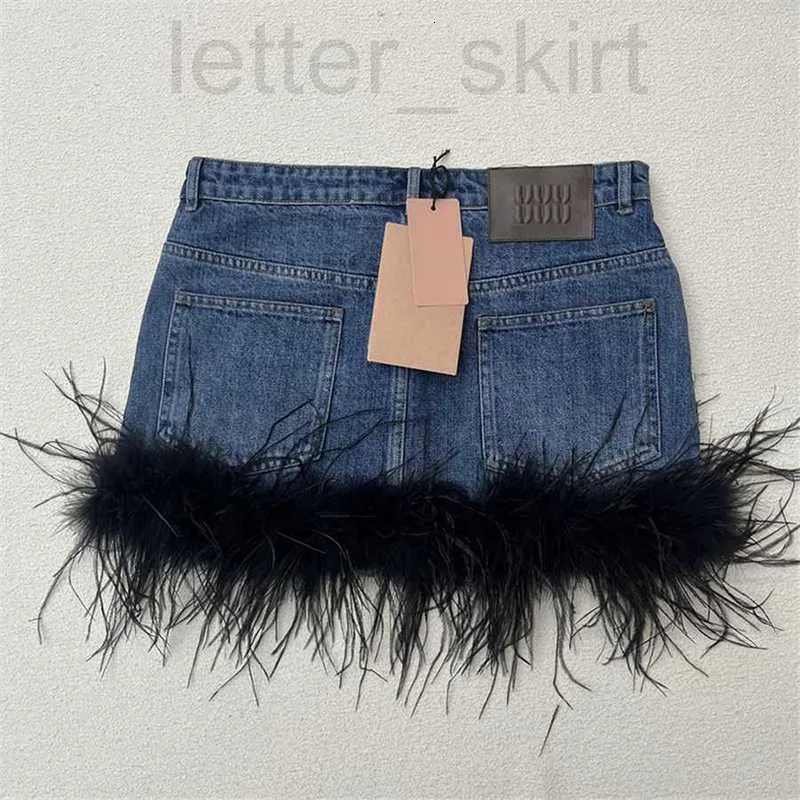 luxurious designer Skirts Feather Fur Patchwork Designer Denim Skirt Women Blue Mini Dress Sexy Luxury Jean 11O6