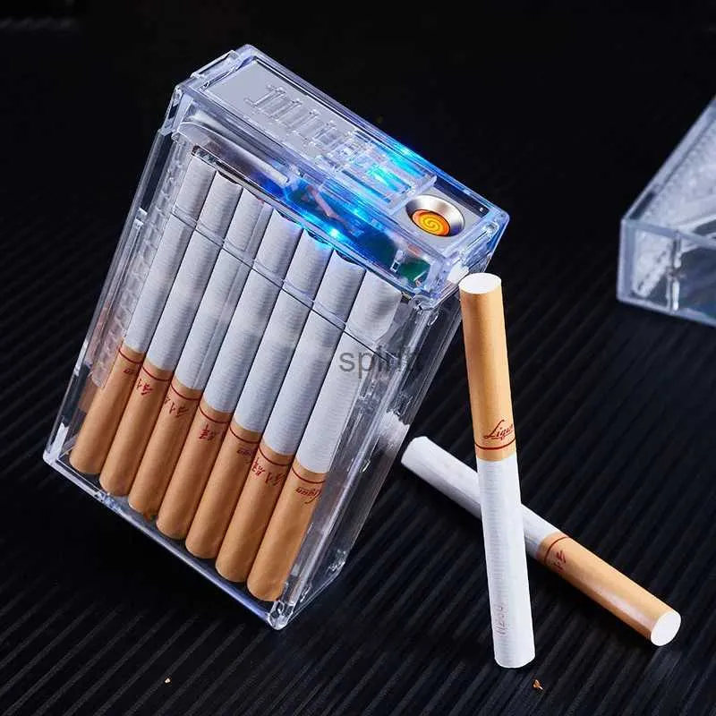 Briquets Étui à cigarettes automatique briquet USB 20 pièces capacité boîte à Cigarettes étanche transparente allumage en tungstène briquet Rechargeable YQ240124