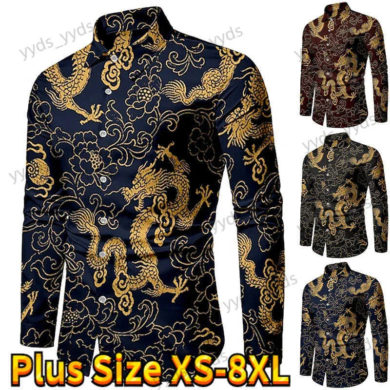 Camisas casuais masculinas de manga comprida camisa de design clássico diário casual botão up dragão e phoenix impressão camisa elegante magro ajuste camisa XS-8XL T240124